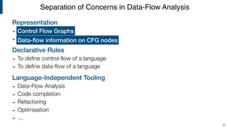 Representation
-
-
Declarative Rules
- To deﬁne control-ﬂow of a language
- To deﬁne data-ﬂow of a language
Language-Independent Tooling
- Data-Flow Analysis
- Code completion
- Refactoring
- Optimisation
- …
Separation of Concerns in Data-Flow Analysis
39
Control Flow Graphs
Data-ﬂow information on CFG nodes
 