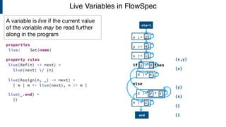 x := 2;
y := 4;
x := 1;
if y > 0 then
z := x;
else
z := y * y;
x := z;
{x,y}
{x}
{y}
{z}
{}
{}
{z}
{}
{}
{x}
{y}
{z}
{}
{}end
start
Live Variables in FlowSpec
A variable is live if the current value
of the variable may be read further
along in the program
properties
live: MaySet(name)
live(Assign(n, _) -> next) =
{ m | m <- live(next), n != m }
live(Ref(n) -> next) =
live(next) / {n}
live(_.end) =
{}
property rules
 