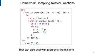 Homework: Compiling Nested Functions
!13
let
function power(x: int, n: int): int =
let
var p : int := 1
function pow(n: int): int =
if n = 0 then p
else (
p := x * p;
pow(n - 1)
)
in pow(n)
in
power(3, 4)
That can also deal with programs like this one
 