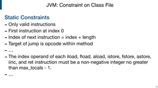 Static Constraints
- Only valid instructions 

- First instruction at index 0

- Index of next instruction = index + length 

- Target of jump is opcode within method

- …

- The index operand of each iload, ﬂoad, aload, istore, fstore, astore,
iinc, and ret instruction must be a non-negative integer no greater
than max_locals - 1. 

- … 
!20
JVM: Constraint on Class File
 