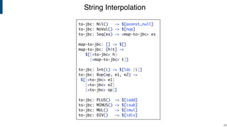 String Interpolation
!29
to-jbc: Nil() -> $[aconst_null]
to-jbc: NoVal() -> $[nop]
to-jbc: Seq(es) -> <map-to-jbc> es
map-to-jbc: [] -> $[]
map-to-jbc: [h|t] ->
$[[<to-jbc> h]
[<map-to-jbc> t]]
to-jbc: Int(i) -> $[ldc [i]] 
to-jbc: Bop(op, e1, e2) ->
$[[<to-jbc> e1]
[<to-jbc> e2]
[<to-jbc> op]]
to-jbc: PLUS() -> $[iadd]
to-jbc: MINUS() -> $[isub]
to-jbc: MUL() -> $[imul]
to-jbc: DIV() -> $[idiv]
 