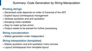 Printing strings
- Generated code depends on order of traversal of the AST

- Explicit layout (whitespace) management

- Verbose quotation and anti-quotation

- Escaping meta-variables

- Easy to make syntax errors

- Output needs to be parsed for further processing

String concatenation
- Makes generation order independent

String interpolation (templates)
- Makes quotation and anti-quotation more concise

- Layout (whitespace) from template layout
!30
Summary: Code Generation by String Manipulation
 