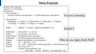 Meta Explode
!45
How do you type check that?
Find term embedding
Explode it
 