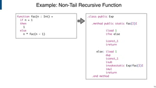 Example: Non-Tail Recursive Function
!79
.class public Exp
.method public static fac(I)I
iload 1
ifne else
iconst_1
ireturn
else: iload 1
dup
iconst_1
isub
invokestatic Exp/fac(I)I
imul
ireturn
.end method
function fac(n : Int) =
if n = 1
then
1
else
n * fac(n - 1)
 
