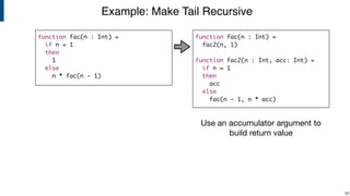 Example: Make Tail Recursive
!80
function fac(n : Int) =
if n = 1
then
1
else
n * fac(n - 1)
function fac(n : Int) =
fac2(n, 1)
function fac2(n : Int, acc: Int) =
if n = 1
then
acc
else
fac(n - 1, n * acc)
Use an accumulator argument to
build return value
 