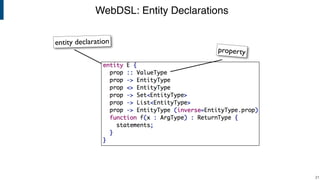 WebDSL: Entity Declarations
!21
entity declaration
property
 