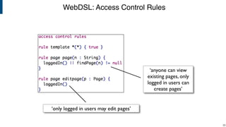 WebDSL: Access Control Rules
!30
‘only logged in users may edit pages’
‘anyone can view
existing pages, only
logged in users can
create pages’
 