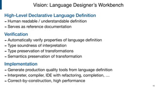 High-Level Declarative Language Deﬁnition
- Human readable / understandable deﬁnition

- Serves as reference documentation

Veriﬁcation
- Automatically verify properties of language deﬁnition

- Type soundness of interpretation

- Type preservation of transformations

- Semantics preservation of transformation

Implementation
- Generate production quality tools from language deﬁnition

- Interpreter, compiler, IDE with refactoring, completion, … 

- Correct-by-construction, high performance
!40
Vision: Language Designer’s Workbench
 