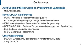 ACM Special Interest Group on Programming Languages
- http://sigplan.org/

Key SIGPLAN Conferences
- POPL: Principles of Programming Languages

- PLDI: Programming Language Design and Implementation

- ICFP: International Conference on Functional Programming

- OOPSLA/SPLASH: Systems, Programming Languages, and Applications

- SLE: Software Language Engineering

- GPCE: Generative Programming 

Other Conferences
- ECOOP: European OO conference; in Amsterdam July 2018

- Curry On 2018
!53
Conferences
 