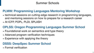 PLMW: Programming Languages Mentoring Workshop
- technical sessions on cutting-edge research in programming languages,
and mentoring sessions on how to prepare for a research career

- At ICFP, POPL, PLDI, SPLASH

OPLSS: Oregon Programming Languages Summer School
- Foundational work on semantics and type theory

- Adanced program veriﬁcation techniques

- Experience with applying the theory

DSSS: DeepSpec Summer School
- Formal veriﬁcation
!54
Summer Schools
 