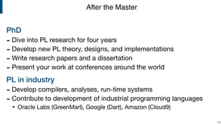 PhD
- Dive into PL research for four years

- Develop new PL theory, designs, and implementations

- Write research papers and a dissertation

- Present your work at conferences around the world

PL in industry
- Develop compilers, analyses, run-time systems

- Contribute to development of industrial programming languages

‣ Oracle Labs (GreenMarl), Google (Dart), Amazon (Cloud9)
!55
After the Master
 