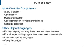 More Compiler Components
- Static analyses

- Optimization

- Register allocation

- Code generation for register machines

- Garbage collection

Other Object Languages
- Functional programming: ﬁrst-class functions, laziness 

- Domain-speciﬁc languages: less direct execution models

- Data (description) languages

- Query languages

- …
!7
Further Study
 
