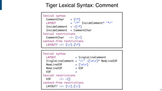 Tiger Lexical Syntax: Comment
!12
lexical syntax
CommentChar = [*]
LAYOUT = "/*" InsideComment* "*/"
InsideComment = ~[*]
InsideComment = CommentChar
lexical restrictions
CommentChar -/- [/]
context-free restrictions
LAYOUT? -/- [/].[*]
lexical syntax
LAYOUT = SingleLineComment
SingleLineComment = "//" ~[nr]* NewLineEOF
NewLineEOF = [nr]
NewLineEOF = EOF
EOF =
lexical restrictions
EOF -/- ~[]
context-free restrictions
LAYOUT? -/- [/].[/]
 