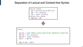 Separation of Lexical and Context-free Syntax
!16
syntax
Id-LEX = [65-9097-122] [48-5765-909597-122]*-LEX
Id-LEX = "if" {reject}
Id-LEX = "then" {reject}
Id-CF = Id-LEX
Exp-CF.Var = Id-CF
lexical syntax
Id = [a-zA-Z] [a-zA-Z0-9_]*
Id = "if" {reject}
Id = "then" {reject}
context-free syntax
Exp.Var = Id
 