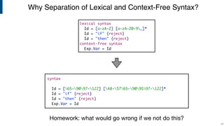 syntax
Id = [65-9097-122] [48-5765-909597-122]*
Id = "if" {reject}
Id = "then" {reject}
Exp.Var = Id
Why Separation of Lexical and Context-Free Syntax?
!17
Homework: what would go wrong if we not do this?
lexical syntax
Id = [a-zA-Z] [a-zA-Z0-9_]*
Id = "if" {reject}
Id = "then" {reject}
context-free syntax
Exp.Var = Id
 