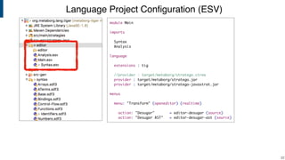 Language Project Conﬁguration (ESV)
!22
module Main
imports
Syntax
Analysis
language
extensions : tig
//provider : target/metaborg/stratego.ctree
provider : target/metaborg/stratego.jar
provider : target/metaborg/stratego-javastrat.jar
menus
menu: "Transform" (openeditor) (realtime)
action: "Desugar" = editor-desugar (source)
action: "Desugar AST" = editor-desugar-ast (source)
 