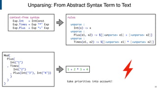 Unparsing: From Abstract Syntax Term to Text
!30
rules
unparse :
Int(x) -> x
unparse :
Plus(e1, e2) -> $[[<unparse> e1] + [<unparse> e2]]
unparse :
Times(e1, e2) -> $[[<unparse> e1] * [<unparse> e2]]
Mod(
Plus(
Int("1")
, Times(
Int("2")
, Plus(Int("3"), Int("4"))
)
)
)
1 + 2 * 3 + 4
take priorities into account!
context-free syntax
Exp.Int = IntConst
Exp.Times = Exp “*" Exp
Exp.Plus = Exp “+" Exp
 