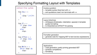 Specifying Formatting Layout with Templates
!32
context-free syntax
Exp.Seq = <
(
<{Exp ";n"}*>
)
>
Exp.If = <
if <Exp> then
<Exp>
else
<Exp>
>
Exp.IfThen = <
if <Exp> then
<Exp>
>
Exp.While = <
while <Exp> do
<Exp>
>
Inverse quotation

- template quotes literal text with <>

- anti-quotations insert non-terminals with <>
Layout directives

- whitespace (linebreaks, indentation, spaces) in template
guides formatting

- is interpreted as LAYOUT? for parsing
Formatter generation

- generate rules for mapping AST to text (via box expressions)
Applications

- code generation; pretty-printing generated AST

- syntactic completions

- formatting
 