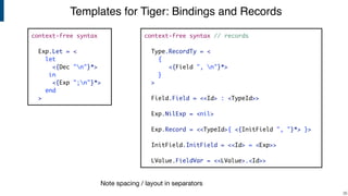 Templates for Tiger: Bindings and Records
!35
context-free syntax
Exp.Let = <
let
<{Dec "n"}*>
in
<{Exp ";n"}*>
end
>
context-free syntax // records
Type.RecordTy = <
{
<{Field ", n"}*>
}
>
Field.Field = <<Id> : <TypeId>>
Exp.NilExp = <nil>
Exp.Record = <<TypeId>{ <{InitField ", "}*> }>
InitField.InitField = <<Id> = <Exp>>
LValue.FieldVar = <<LValue>.<Id>>
Note spacing / layout in separators
 