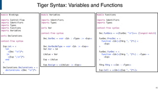 Tiger Syntax: Variables and Functions
!45
module Bindings
imports Control-Flow
imports Identifiers
imports Types
imports Functions
imports Variables
sorts Declarations
context-free syntax
Exp.Let = <
let
<{Dec "n"}*>
in
<{Exp ";n"}*>
end
>
Declarations.Declarations = <
declarations <{Dec "n"}*>
>
module Variables
imports Identifiers
imports Types
sorts Var
context-free syntax
Dec.VarDec = <var <Id> : <Type> := <Exp>>
Dec.VarDecNoType = <var <Id> := <Exp>>
Var.Var = Id
LValue = Var
Exp = LValue
Exp.Assign = <<LValue> := <Exp>>
module Functions
imports Identifiers
imports Types
context-free syntax
Dec.FunDecs = <<{FunDec "n"}+>> {longest-match}
FunDec.ProcDec = <
function <Id>(<{FArg ", "}*>) =
<Exp>
>
FunDec.FunDec = <
function <Id>(<{FArg ", "}*>) : <Type> =
<Exp>
>
FArg.FArg = <<Id> : <Type>>
Exp.Call = <<Id>(<{Exp ", "}*>)>
 