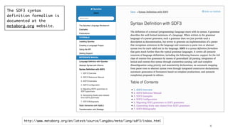!6
The SDF3 syntax
definition formalism is
documented at the
metaborg.org website.
http://www.metaborg.org/en/latest/source/langdev/meta/lang/sdf3/index.html
 