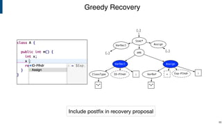 Greedy Recovery
!86
[…]
[…]
Stmt*
amb
VarDecl
ClassType
“x”
VarDecl
[…]
Assign
ID-Plhdr ;
Assign
VarRef
“x”
Exp-Plhdr ;
=
Include postﬁx in recovery proposal
 