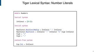 Tiger Lexical Syntax: Number Literals
!9
module Numbers
lexical syntax
IntConst = [0-9]+
lexical syntax
RealConst.RealConstNoExp = IntConst "." IntConst
RealConst.RealConst = IntConst "." IntConst "e" Sign IntConst
Sign = "+"
Sign = "-"
context-free syntax
Exp.Int = IntConst
 