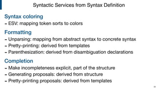 Syntax coloring
- ESV: mapping token sorts to colors

Formatting
- Unparsing: mapping from abstract syntax to concrete syntax

- Pretty-printing: derived from templates

- Parenthesization: derived from disambiguation declarations

Completion
- Make incompleteness explicit, part of the structure

- Generating proposals: derived from structure

- Pretty-printing proposals: derived from templates
!96
Syntactic Services from Syntax Deﬁnition
 