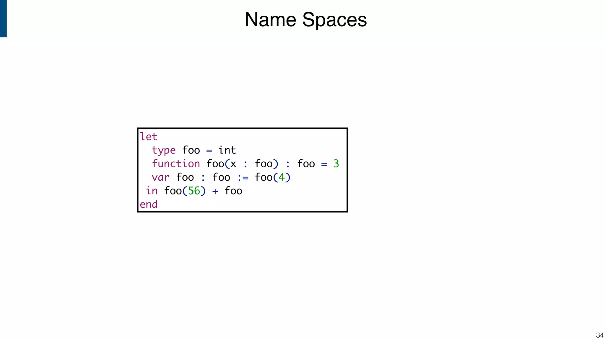 Name Spaces !34 let type foo = int function foo(x : foo) : foo = 3 var foo : foo := foo(4) in foo(56) + foo end 