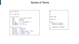 module ATerms
sorts Cons Term
lexical syntax
Cons = [a-zA-Z][a-zA-Z0-9]*
Cons = String
Int = [0-9]+
String = """ StringChar* """
StringChar = ~["n]
StringChar = "" ["]
context-free syntax
Term.Str = <<String>>
Term.Int = <<Int>>
Term.App = <<Cons>(<{Term ","}*>)>
Term.List = <[<{Term ","}*>]>
Term.Tuple = <(<{Term ","}*>)>
Syntax of Terms
!24
0
1
[A(), B()]
Var(“x”)
Let(
[ Decl(“x”, IntT()),
Decl(“y”, BoolT())
]
, Eq(Var(“x”), Int(0))
)
 