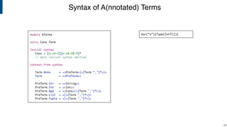 Syntax of A(nnotated) Terms
!25
module ATerms
sorts Cons Term
lexical syntax
Cons = [a-zA-Z][a-zA-Z0-9]*
// more lexical syntax omitted
context-free syntax
Term.Anno = <<PreTerm>{<{Term “,"}*>}>
Term = <<PreTerm>>
PreTerm.Str = <<String>>
PreTerm.Int = <<Int>>
PreTerm.App = <<Cons>(<{Term ","}*>)>
PreTerm.List = <[<{Term ","}*>]>
PreTerm.Tuple = <(<{Term ","}*>)>
Var(“x”){Type(IntT())}
 