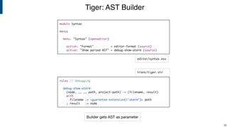 Tiger: AST Builder
!36
rules // Debugging
debug-show-aterm:
(node, _, _, path, project-path) -> (filename, result)
with
filename := <guarantee-extension(|"aterm")> path
; result := node
trans/tiger.str
module Syntax
menus
menu: "Syntax" (openeditor)
action: "Format" = editor-format (source)
action: "Show parsed AST" = debug-show-aterm (source)
editor/syntax.esv
Builder gets AST as parameter
 