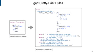 Tiger: Pretty-Print Rules
!40
rules
prettyprint-Tiger-Exp :
If(t1__, t2__, t3__) -> [ H(
[SOpt(HS(), "0")]
, [ S("if ")
, t1__'
, S(" then")
]
)
, t2__'
, H(
[SOpt(HS(), "0")]
, [S("else")]
)
, t3__'
]
with t1__' := <pp-one-Z(prettyprint-Tiger-Exp)
<+ pp-one-Z(prettyprint-completion-aux)> t1__
with t2__' := <pp-indent(|"2")> [
<pp-one-Z(prettyprint-Tiger-Exp)
<+ pp-one-Z(prettyprint-completion-aux)> t2__ ]
with t3__' := <pp-indent(|"2")> [
<pp-one-Z(prettyprint-Tiger-Exp)
<+ pp-one-Z(prettyprint-completion-aux)> t3__ ]
context-free syntax
Exp.If = <
if <Exp> then
<Exp>
else
<Exp>
>
syntax/Control-Flow.sdf3
pp/Control-Flow-pp.str
 