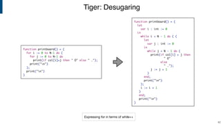 Tiger: Desugaring
!42
function printboard() = (
for i := 0 to N-1 do (
for j := 0 to N-1 do
print(if col[i]=j then " O" else " .");
print("n")
);
print("n")
)
function printboard() = (
let
var i : int := 0
in
while i < N - 1 do ( (
let
var j : int := 0
in
while j < N - 1 do (
print(if col[i] = j then
" O"
else
" .");
j := j + 1
)
end;
print("n")
);
i := i + 1
)
end;
print("n")
)
Expressing for in terms of while++
 