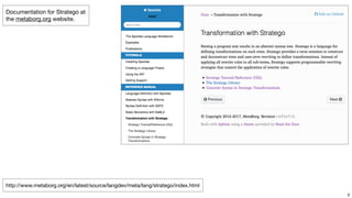 !8
Documentation for Stratego at
the metaborg.org website.
http://www.metaborg.org/en/latest/source/langdev/meta/lang/stratego/index.html
 