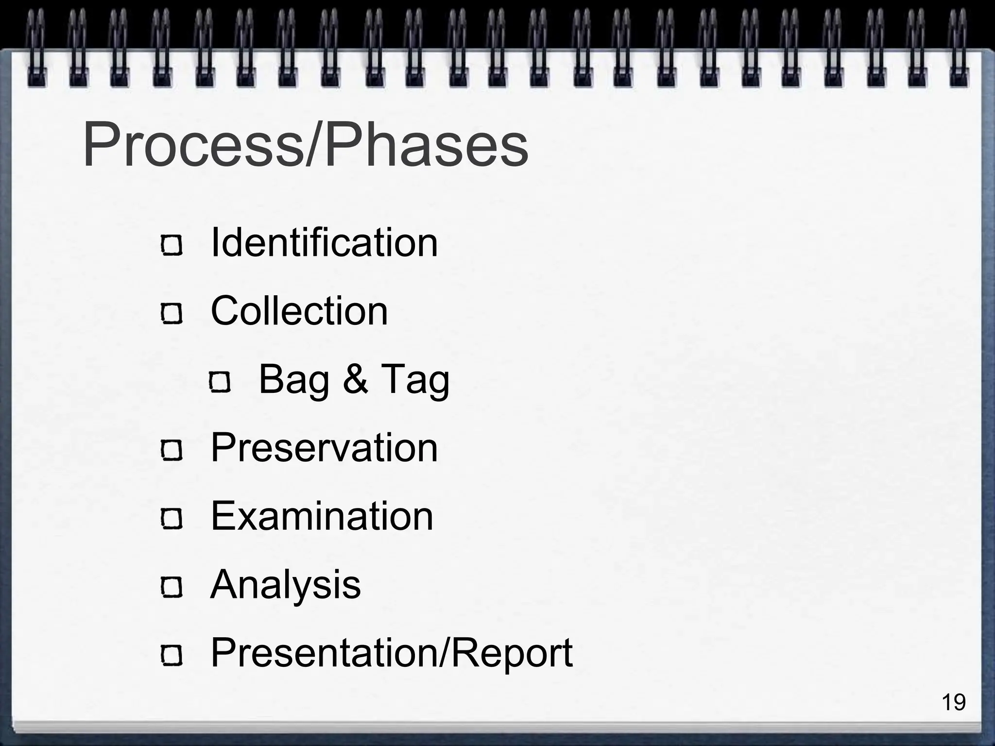 19
Process/Phases
Identification
Collection
Bag & Tag
Preservation
Examination
Analysis
Presentation/Report
 
