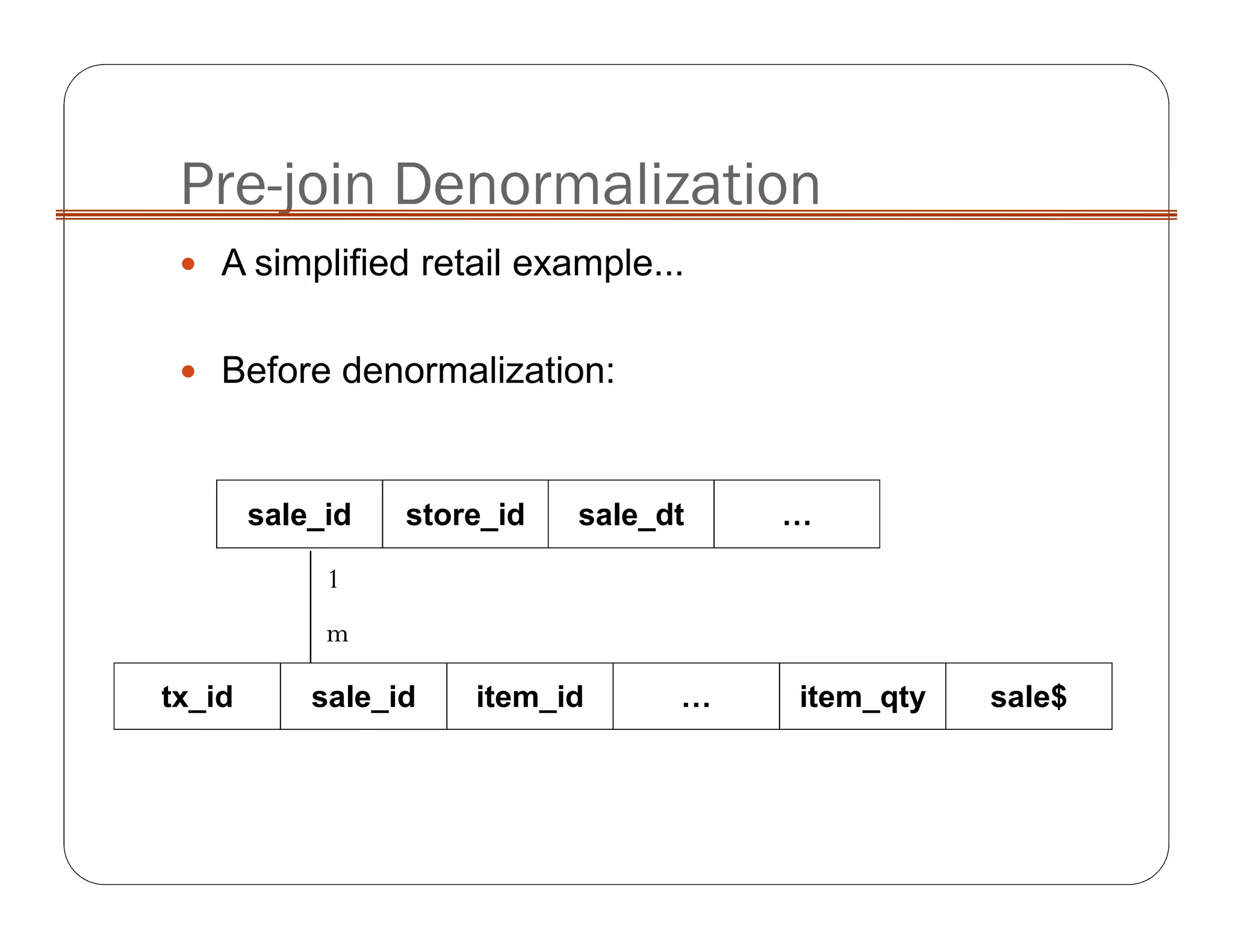 Pre-join Denormalization
A simplified retail example...
Before denormalization:
sale_id store_id sale_dt …
tx_id sale_id item_id … item_qty sale$
1
m
 