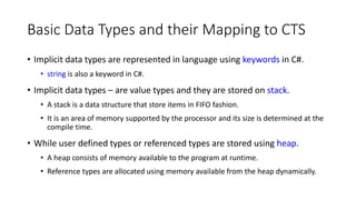 Basic Data Types and their Mapping to CTS
• Implicit data types are represented in language using keywords in C#.
• string is also a keyword in C#.
• Implicit data types – are value types and they are stored on stack.
• A stack is a data structure that store items in FIFO fashion.
• It is an area of memory supported by the processor and its size is determined at the
compile time.
• While user defined types or referenced types are stored using heap.
• A heap consists of memory available to the program at runtime.
• Reference types are allocated using memory available from the heap dynamically.
 