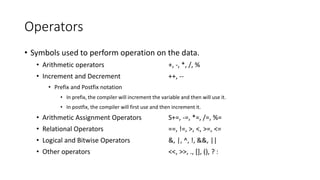 Operators
• Symbols used to perform operation on the data.
• Arithmetic operators +, -, *, /, %
• Increment and Decrement ++, --
• Prefix and Postfix notation
• In prefix, the compiler will increment the variable and then will use it.
• In postfix, the compiler will first use and then increment it.
• Arithmetic Assignment Operators S+=, -=, *=, /=, %=
• Relational Operators ==, !=, >, <, >=, <=
• Logical and Bitwise Operators &, |, ^, !, &&, ||
• Other operators <<, >>, ., [], (), ? :
 