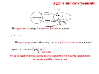 Agents and environments
The agent function maps from percept histories to actions
f: P*  A
The agent program runs (internally) on the physical architecture to produce f
agent = architecture + program
Design an agent program assuming an archictecture that will make the percepts from
the sensors available to the program.
our focus
 