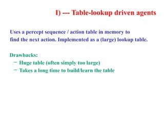 Uses a percept sequence / action table in memory to
find the next action. Implemented as a (large) lookup table.
Drawbacks:
– Huge table (often simply too large)
– Takes a long time to build/learn the table
I) --- Table-lookup driven agents
 