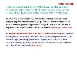 Table lookup
Action sequence of length K, gives 4^K different possible sequences.
At least many entries are needed in the table. So, even in this very toy
world, with K = 20, you need a table with over 4^20 > 10^12 entries.
In more real-world scenarios, one would have many more different
percepts (eg many more locations), e.g., >=100. There will therefore be
100^K different possible sequences of length K. For K = 20, this would
require a table with over 100^20 = 10^40 entries. Infeasible to even store.
So, table lookup formulation is mainly of theoretical interest. For practical
agent systems, we need to find much more compact representations. For
example, logic-based representations, Bayesian net representations,
or neural net style representations, or use a different agent architecture,
e.g., “ignore the past” --- Reflex agents.
 
