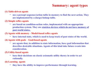 Summary: agent types
(1) Table-driven agents
– use a percept sequence/action table in memory to find the next action. They
are implemented by a (large) lookup table.
(2) Simple reflex agents
– are based on condition-action rules, implemented with an appropriate
production system. They are stateless devices which do not have memory of
past world states.
(3) Agents with memory - Model-based reflex agents
– have internal state, which is used to keep track of past states of the world.
(4) Agents with goals – Goal-based agents
– are agents that, in addition to state information, have goal information that
describes desirable situations. Agents of this kind take future events into
consideration.
(5) Utility-based agents
– base their decisions on classic axiomatic utility theory in order to act
rationally.
(6) Learning agents
– they have the ability to improve performance through learning.
 