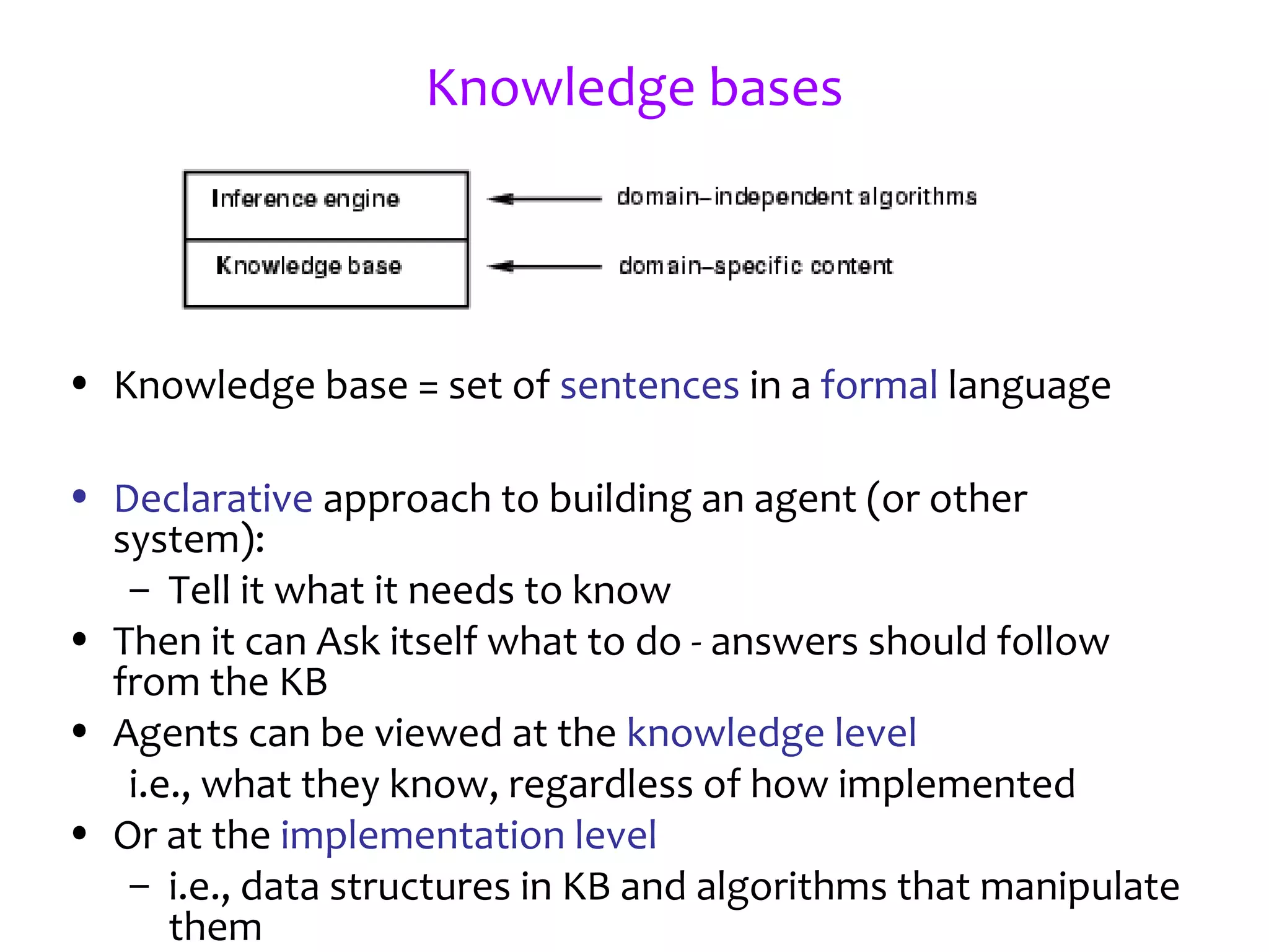 Knowledge bases
• Knowledge base = set of sentences in a formal language
• Declarative approach to building an agent (or other
system):
– Tell it what it needs to know
• Then it can Ask itself what to do - answers should follow
from the KB
• Agents can be viewed at the knowledge level
i.e., what they know, regardless of how implemented
• Or at the implementation level
– i.e., data structures in KB and algorithms that manipulate
them
 