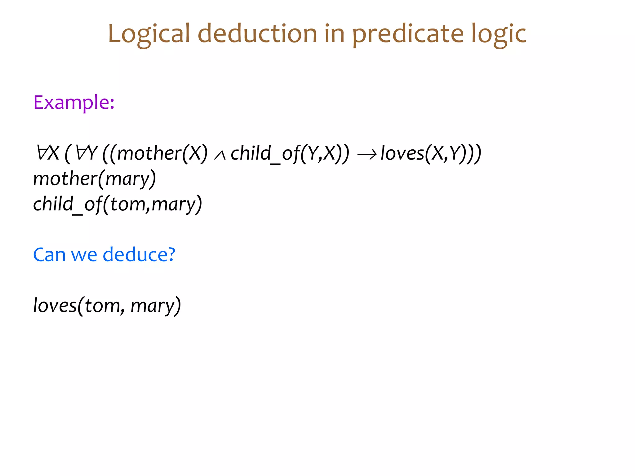 Example:
∀X (∀Y ((mother(X) ∧ child_of(Y,X)) → loves(X,Y)))
mother(mary)
child_of(tom,mary)
Can we deduce?
loves(tom, mary)
Logical deduction in predicate logic
 