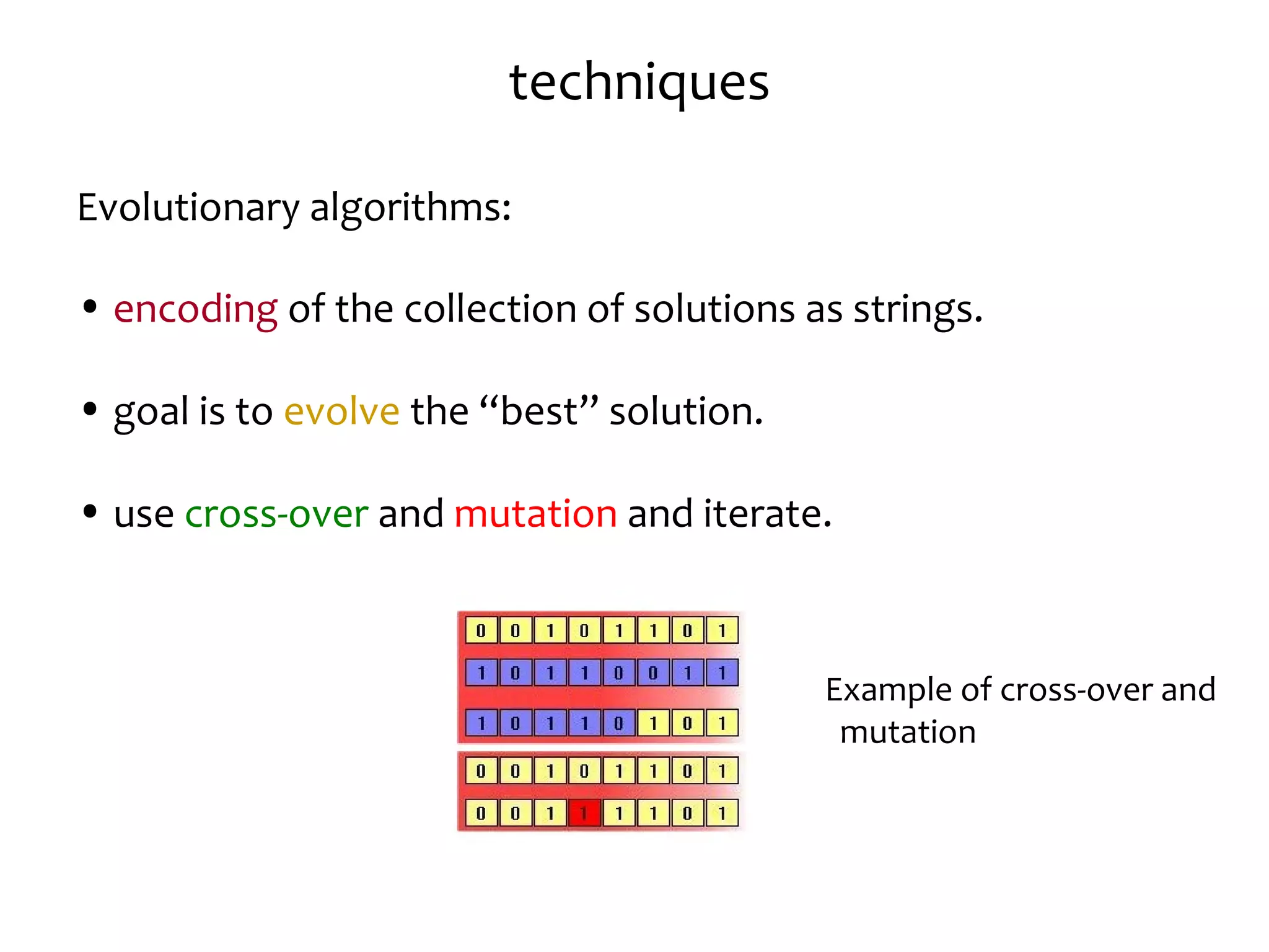 techniques
Evolutionary algorithms:
• encoding of the collection of solutions as strings.
• goal is to evolve the “best” solution.
• use cross-over and mutation and iterate.
Example of cross-over and
mutation
 