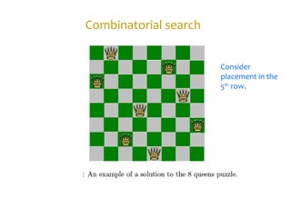 Combinatorial search
Consider
placement in the
5th
row.
 