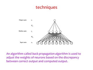 techniques
An algorithm called back propagation algorithm is used to
adjust the weights of neurons based on the discrepancy
between correct output and computed output.
 