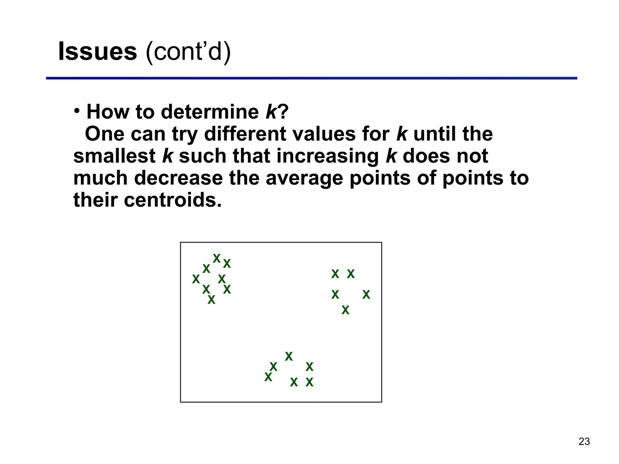 23
Issues (cont’d)
• How to determine k?
One can try different values for k until the
smallest k such that increasing k does not
much decrease the average points of points to
their centroids.
X
X
X
X
X
X
X X
X X
X X
X
X
X
X X
X
X
X
 