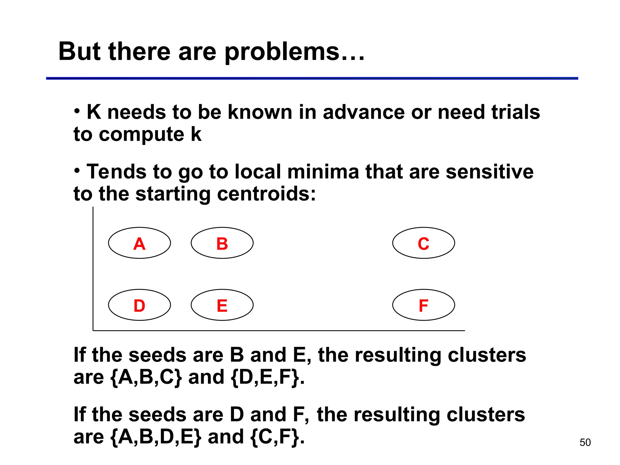 50
But there are problems…
• K needs to be known in advance or need trials
to compute k
• Tends to go to local minima that are sensitive
to the starting centroids:
D
A B
E F
C
If the seeds are B and E, the resulting clusters
are {A,B,C} and {D,E,F}.
If the seeds are D and F, the resulting clusters
are {A,B,D,E} and {C,F}.
 